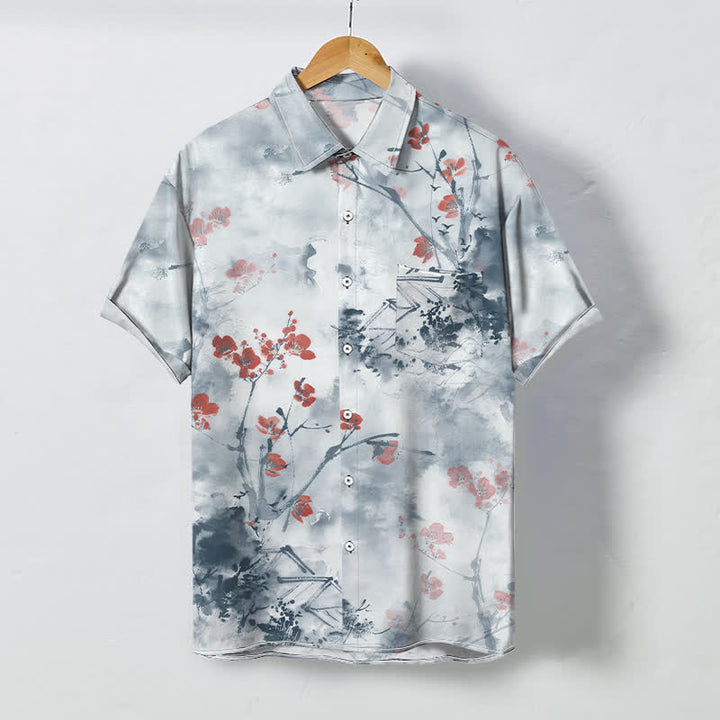 Buddha Stones Ink Red Floral Branch Blossom Houses Pattern Buttons Breathable Men's Short Sleeve Shirt - PowderBlue - US/UK/AU48，EU58 (4XL) - image 5