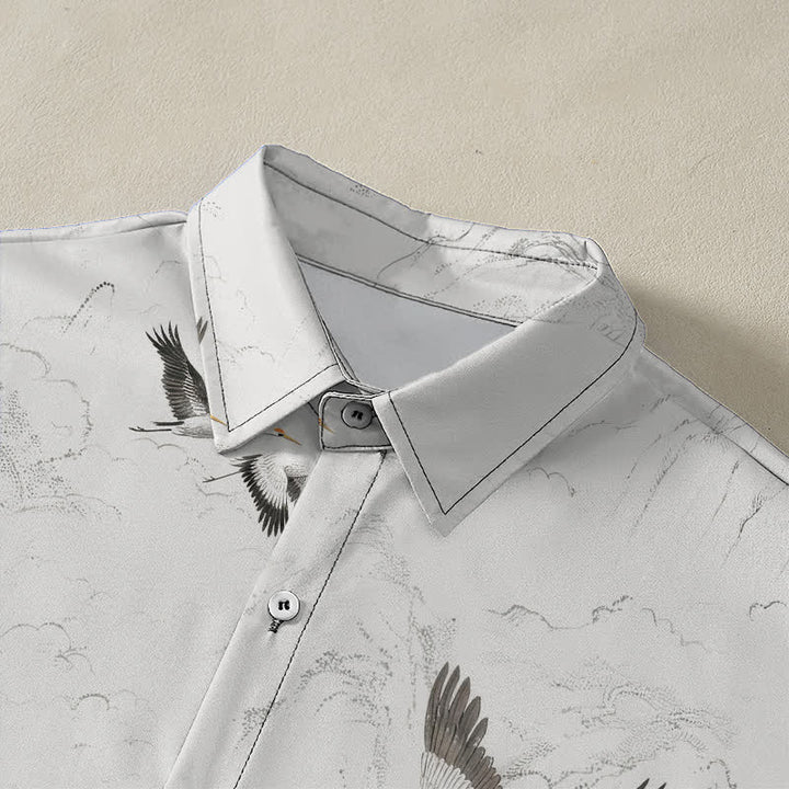 Buddha Stones Ink Landscape Crane Mountain Ranges Pattern Buttons Breathable Men's Short Sleeve Shirt - image 2