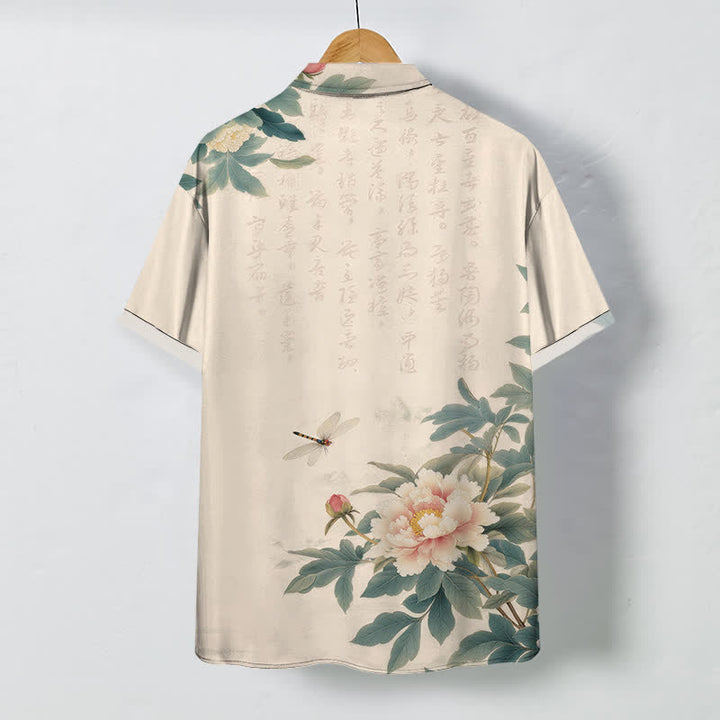 Buddha Stones Pink Peony Leaf Dragonfly Pattern Buttons Breathable Men's Short Sleeve Shirt - image 1