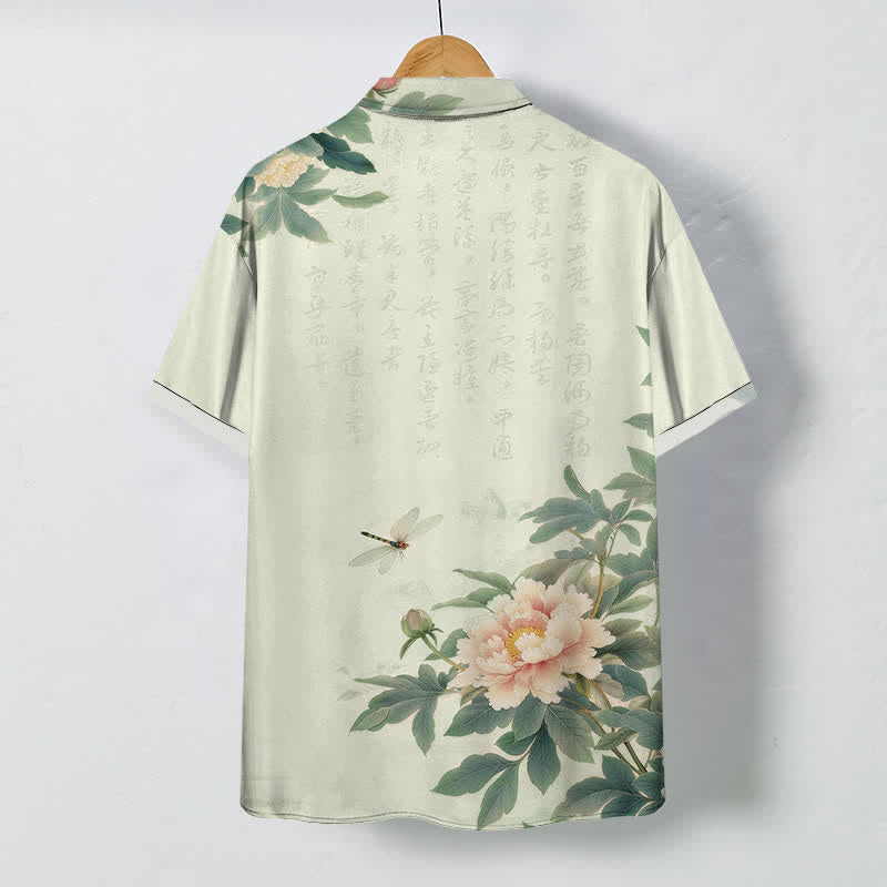 Buddha Stones Pink Peony Leaf Dragonfly Pattern Buttons Breathable Men's Short Sleeve Shirt - image 6