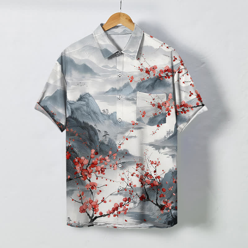 Buddha Stones Ink Landscape Red Blossom Mountains Pattern Buttons Breathable Men's Short Sleeve Shirt - LightGray - US/UK/AU48，EU58 (4XL) - image 0