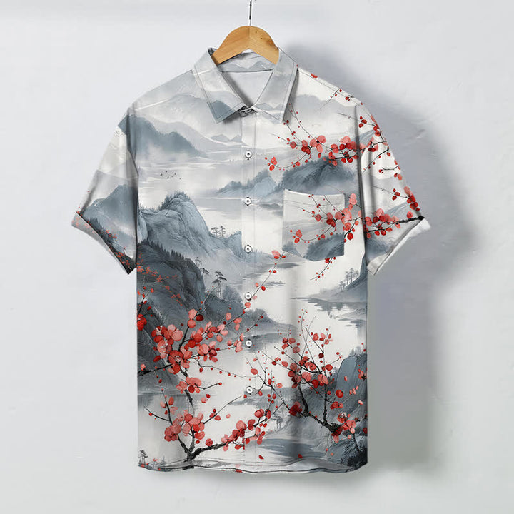 Buddha Stones Ink Landscape Red Blossom Mountains Pattern Buttons Breathable Men's Short Sleeve Shirt - LightGray - US/UK/AU48，EU58 (4XL) - image 0