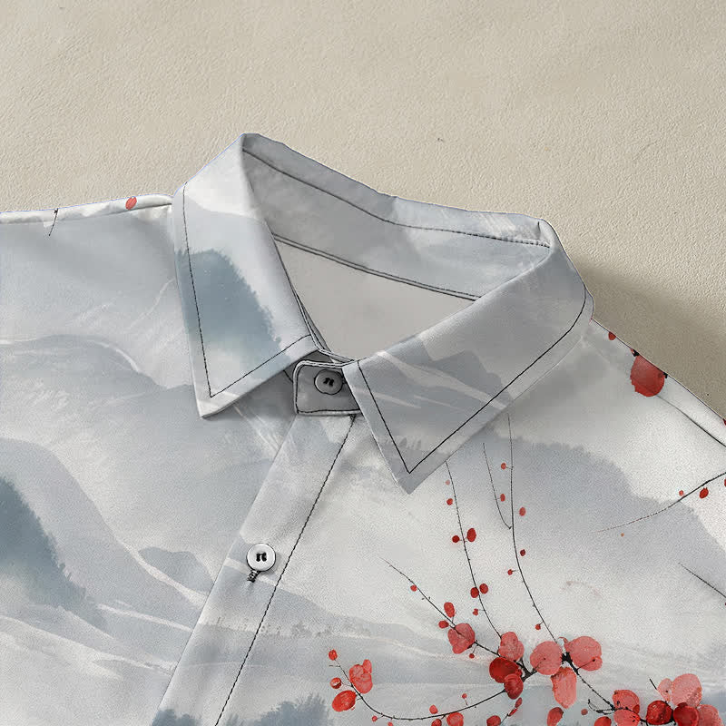 Buddha Stones Ink Landscape Red Blossom Mountains Pattern Buttons Breathable Men's Short Sleeve Shirt - image 2
