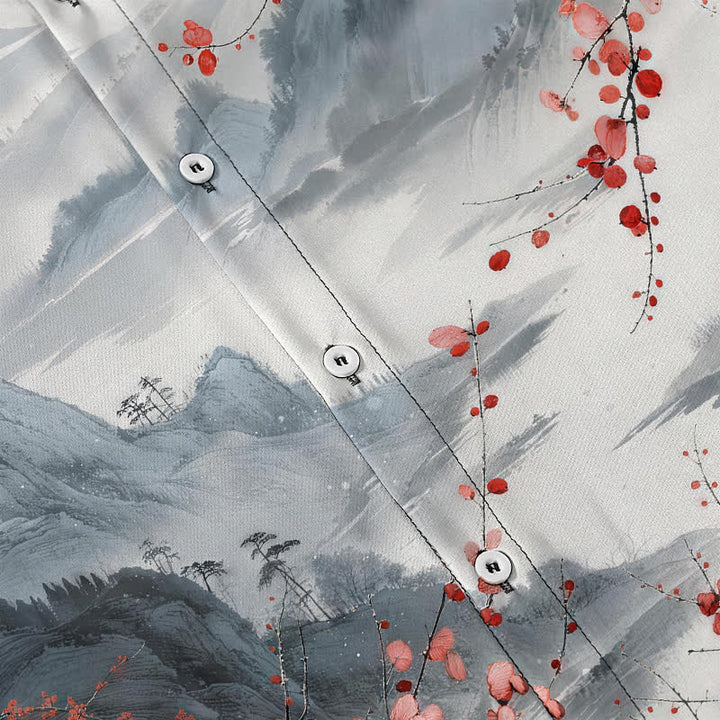Buddha Stones Ink Landscape Red Blossom Mountains Pattern Buttons Breathable Men's Short Sleeve Shirt - image 3