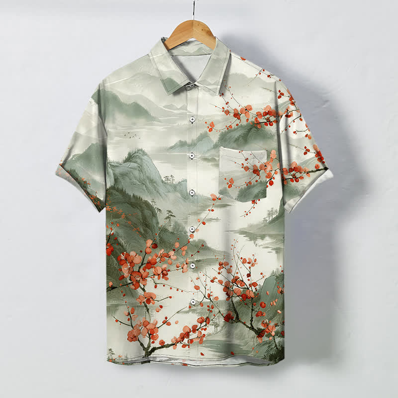 Buddha Stones Ink Landscape Red Blossom Mountains Pattern Buttons Breathable Men's Short Sleeve Shirt - Honeydew - US/UK/AU48，EU58 (4XL) - image 7