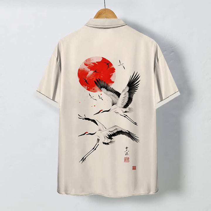 Buddha Stones Red Sun Flying Crane Pattern Buttons Breathable Men's Short Sleeve Shirt - image 1