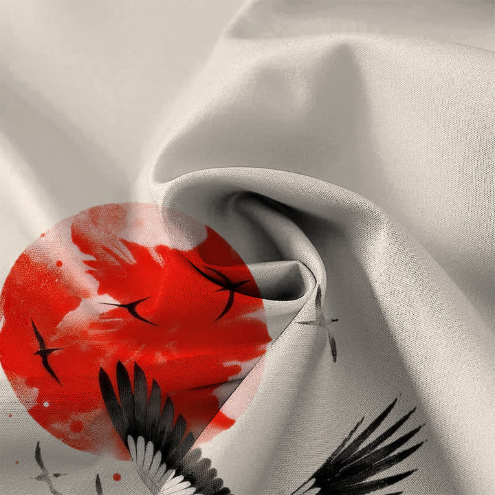 Buddha Stones Red Sun Flying Crane Pattern Buttons Breathable Men's Short Sleeve Shirt - image 4