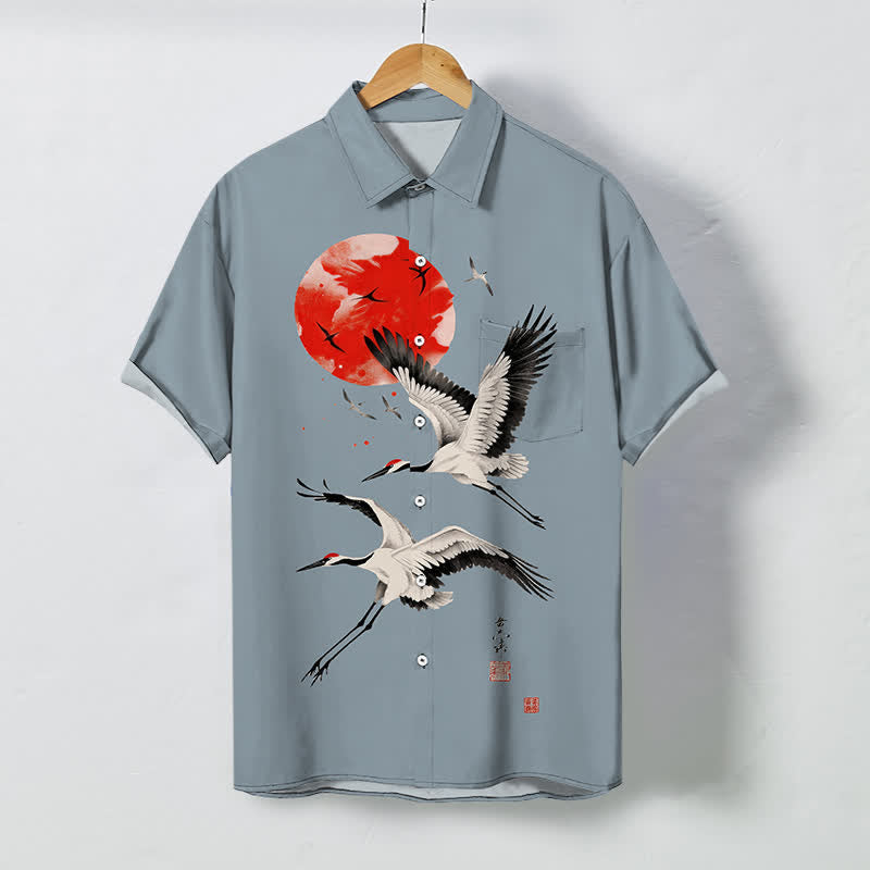 Buddha Stones Red Sun Flying Crane Pattern Buttons Breathable Men's Short Sleeve Shirt - LightSteelBlue - US/UK/AU48，EU58 (4XL) - image 5