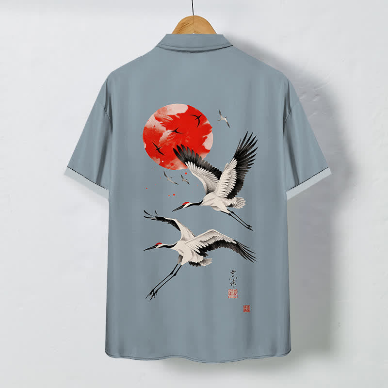 Buddha Stones Red Sun Flying Crane Pattern Buttons Breathable Men's Short Sleeve Shirt - image 6