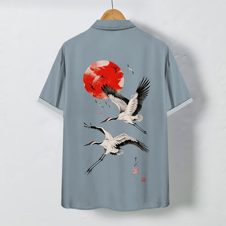 Buddha Stones Red Sun Flying Crane Pattern Buttons Breathable Men's Short Sleeve Shirt - image 6