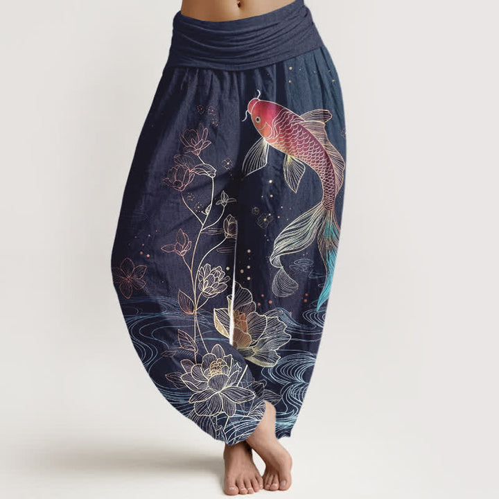 Buddha Stones Lotus Koi Fish Pattern Women's Elastic Waist Pure Cotton Harem Pants - SteelBlue - US16，UK/AU20，EU48 (3XL) - image 0