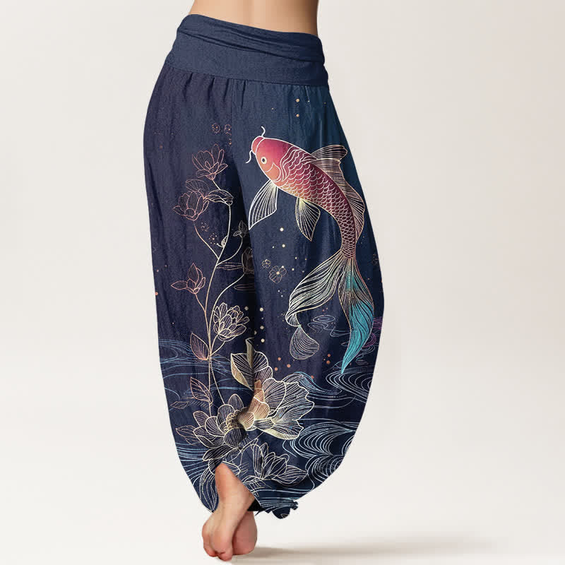 Buddha Stones Lotus Koi Fish Pattern Women's Elastic Waist Pure Cotton Harem Pants - image 1