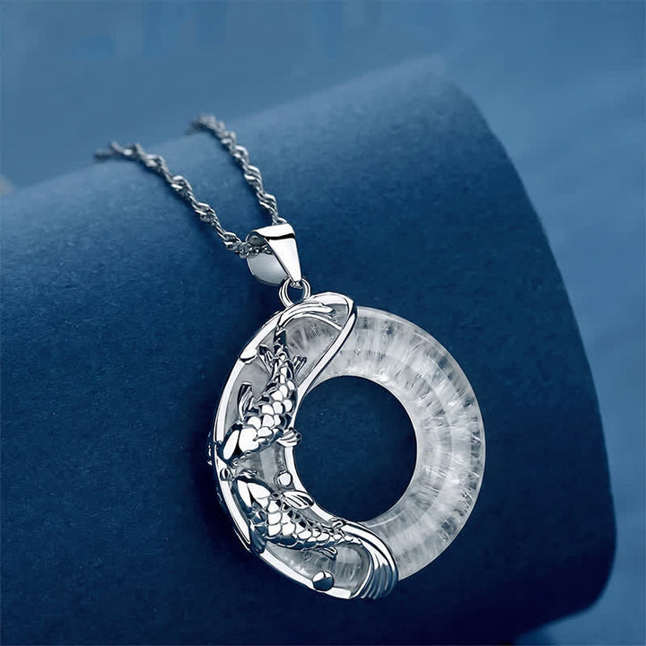 Buddha Stones Clear Quartz Koi Fish Luck Circular Peace Buckle Pendant Necklace - image 1