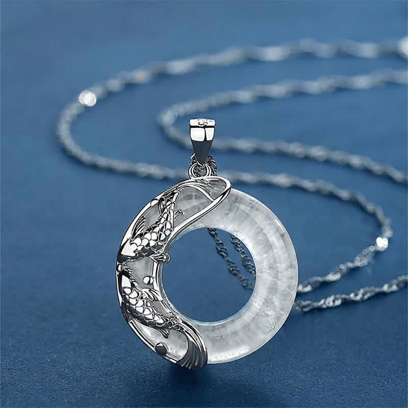 Buddha Stones Clear Quartz Koi Fish Luck Circular Peace Buckle Pendant Necklace - Clear Quartz(Protection ♥ Healing) - image 0
