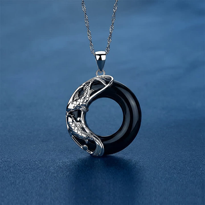 Buddha Stones Black Obsidian Koi Fish Luck Circular Peace Buckle Pendant Necklace - image 2