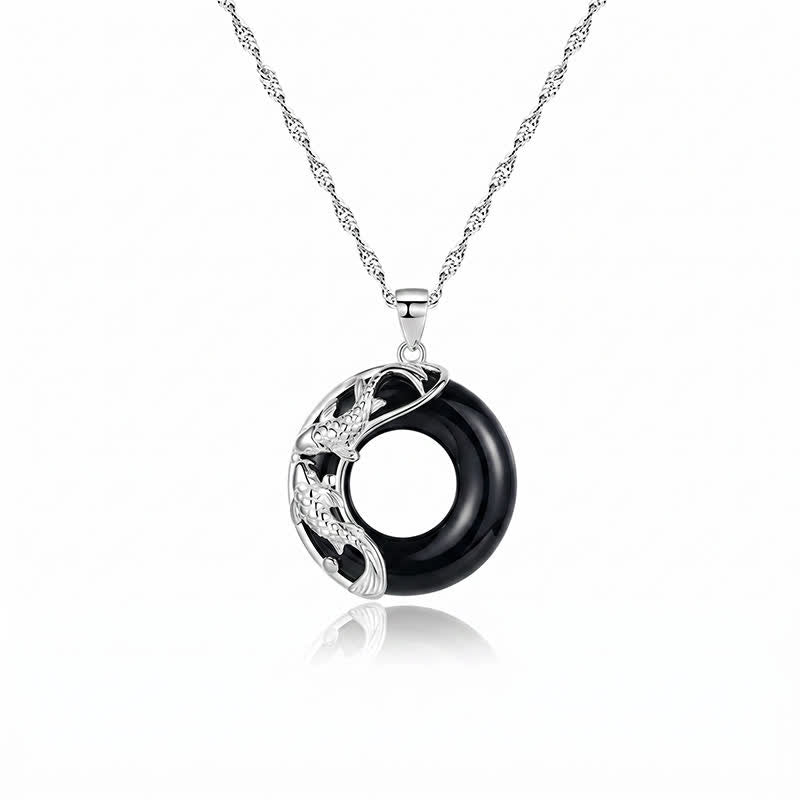 Buddha Stones Black Obsidian Koi Fish Luck Circular Peace Buckle Pendant Necklace - image 4