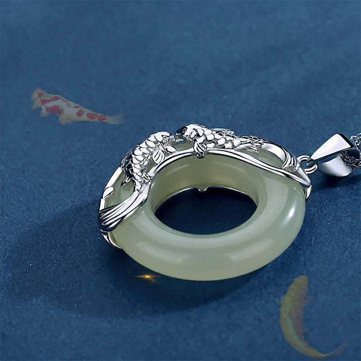 Buddha Stones Green Hetian Jade Koi Fish Luck Circular Peace Buckle Pendant Necklace - image 3