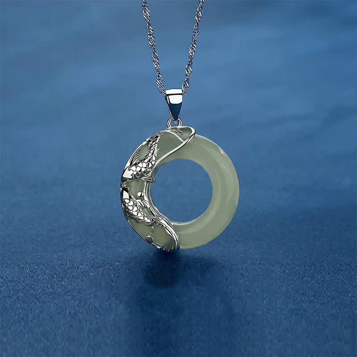 Buddha Stones Green Hetian Jade Koi Fish Luck Circular Peace Buckle Pendant Necklace - image 2