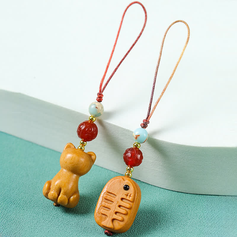 Buddha Stones Hand Carved Sandalwood Cat Fish Purification Keychains - image 9