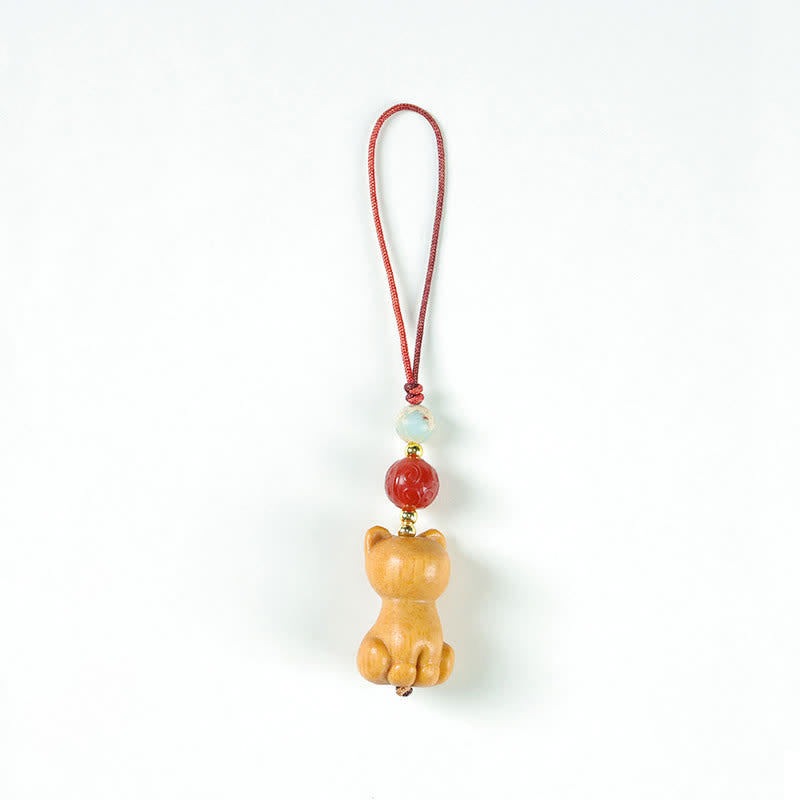 Buddha Stones Hand Carved Sandalwood Cat Fish Purification Keychains - Cat - image 1