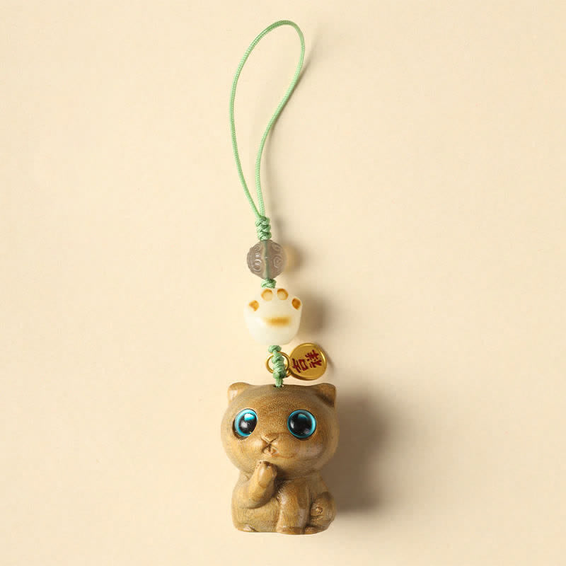Buddha Stones Green Sandalwood Cat Hand-Woven Soothing Keychains - Phone Hanging Decoration - image 8