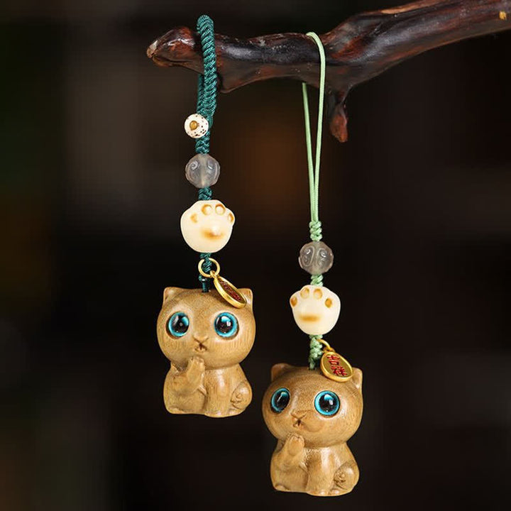Buddha Stones Green Sandalwood Cat Hand-Woven Soothing Keychains - image 0