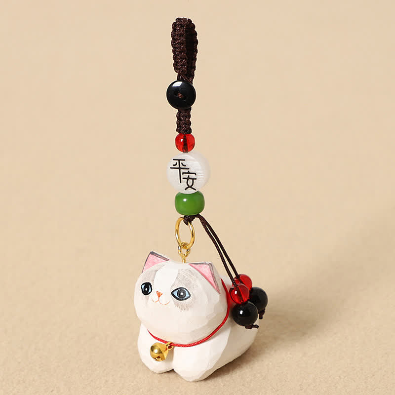 Buddha Stones Natural Wood Hand-Carved Lying Cat Om Mani Padme Hum Peace Keychains - White Cat Peace - image 9