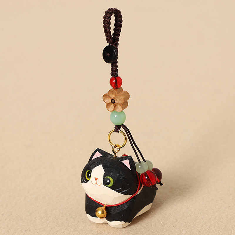 Buddha Stones Natural Wood Hand-Carved Lying Cat Om Mani Padme Hum Peace Keychains - Black Cat Plum Blossom - image 3