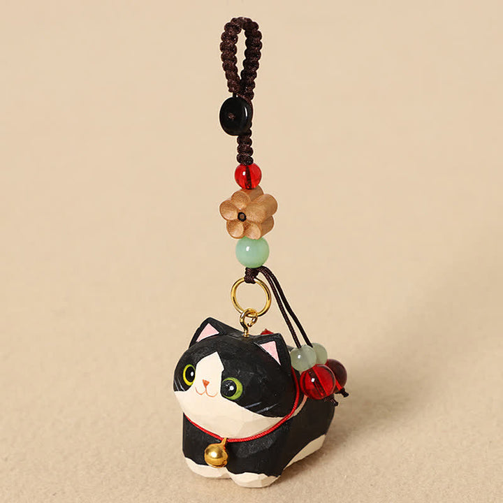 Buddha Stones Natural Wood Hand-Carved Lying Cat Om Mani Padme Hum Peace Keychains - Black Cat Plum Blossom - image 3