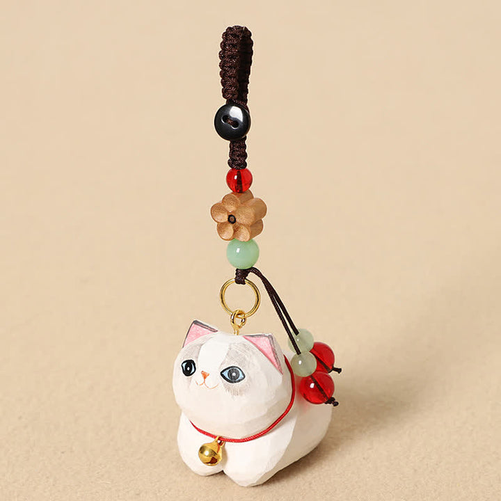 Buddha Stones Natural Wood Hand-Carved Lying Cat Om Mani Padme Hum Peace Keychains - White Cat Plum Blossom - image 8