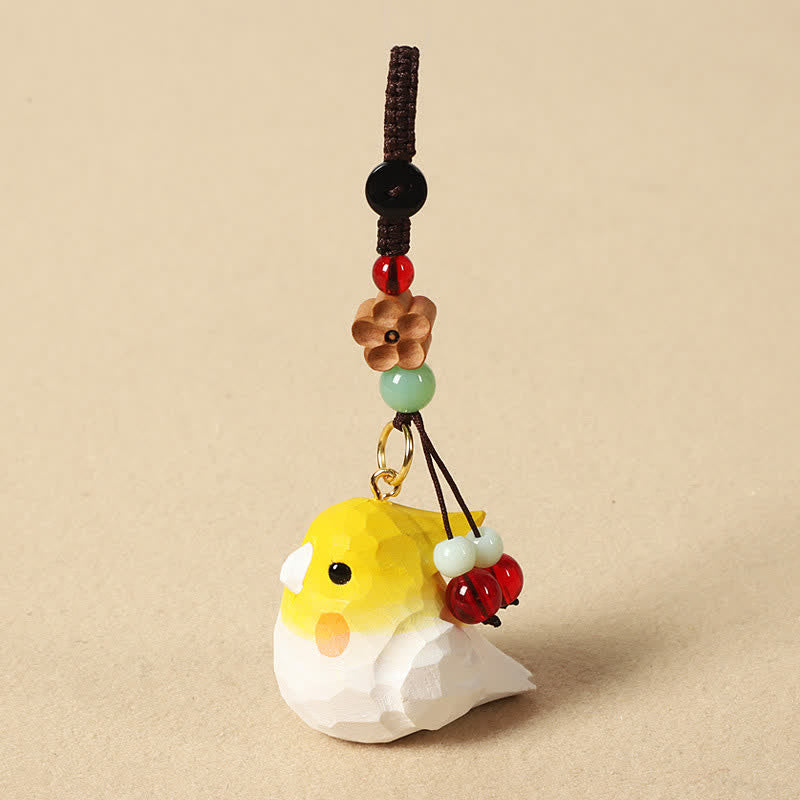 Buddha Stones Hand-Carved Natural Wood Cockatiel Om Mani Padme Hum Focus Keychains - Cockatiel Plum Blossom - image 1