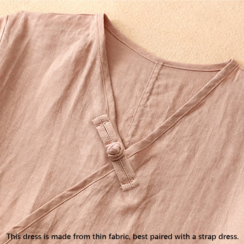 Buddha Stones Summer V-Neck Frog-Button Short Sleeve Women's Midi Dress - image 2