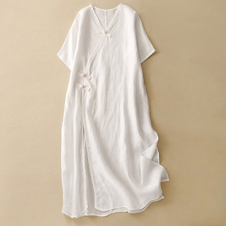 Buddha Stones Summer V-Neck Frog-Button Short Sleeve Women's Midi Dress - White - US8-10，UK/AU12-14，EU40-42 (2XL) - image 9