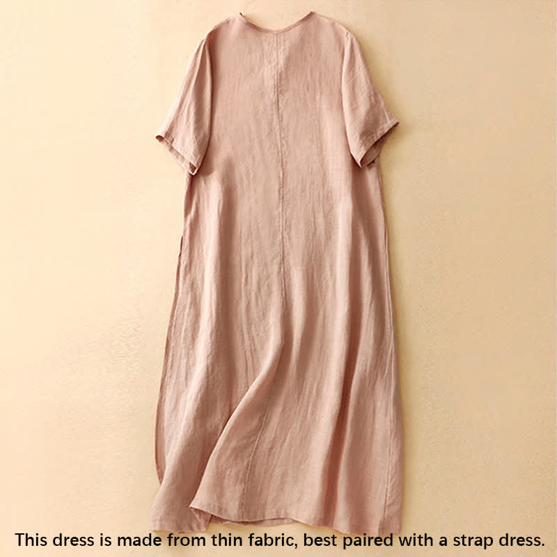 Buddha Stones Summer V-Neck Frog-Button Short Sleeve Women's Midi Dress - image 1