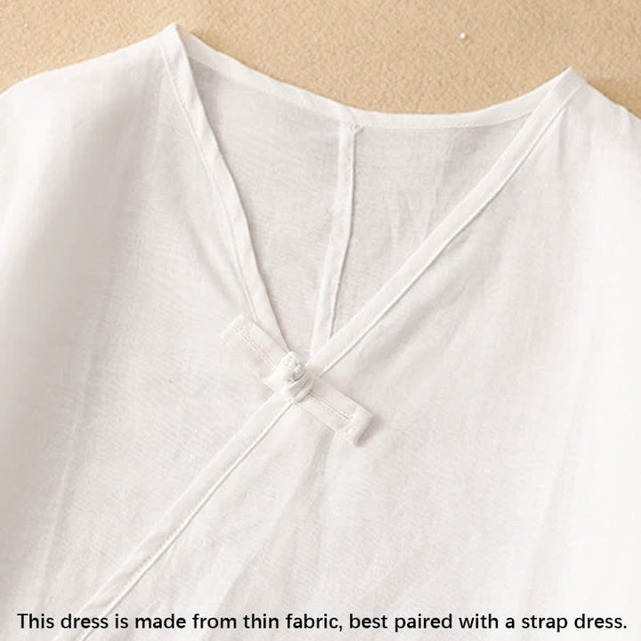 Buddha Stones Summer V-Neck Frog-Button Short Sleeve Cotton Linen Women's Midi Dress - image 10