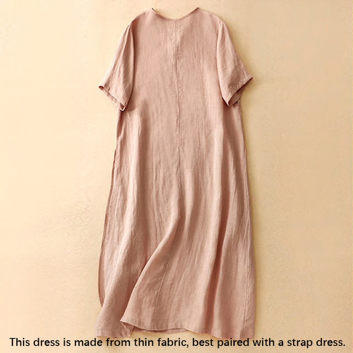Buddha Stones Summer V-Neck Frog-Button Short Sleeve Cotton Linen Women's Midi Dress - image 1