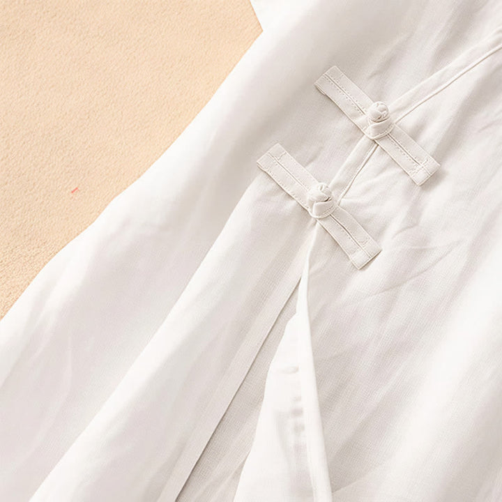Buddha Stones Summer V-Neck Frog-Button Short Sleeve Cotton Linen Women's Midi Dress - image 11