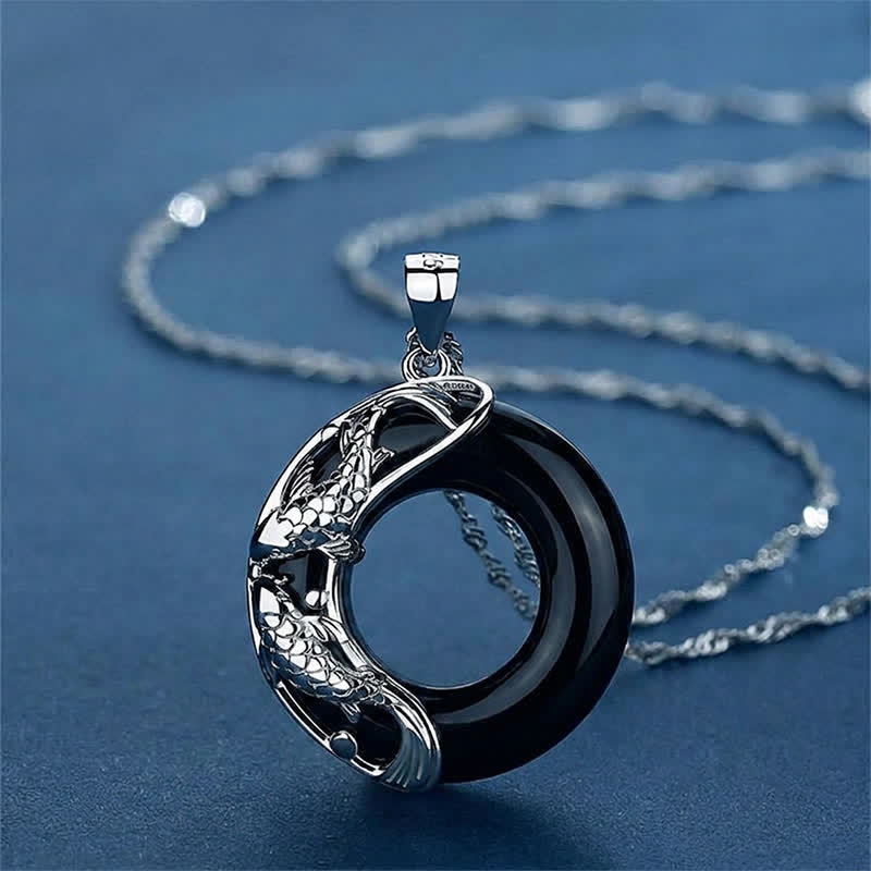 Buddha Stones Natural White Jade Koi Lucky Necklace - Black Obsidian(Purification♥Strength) - image 8