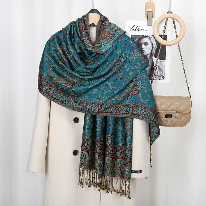 Buddha Stones Tibetan Cashew Flower Vine Print Tassels Shawl Fall Winter Soft Scarf Wrap - Cyan - image 10