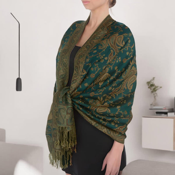 Buddha Stones Tibetan Cashew Flower Vine Print Tassels Shawl Fall Winter Soft Scarf Wrap - Dark Green - image 0