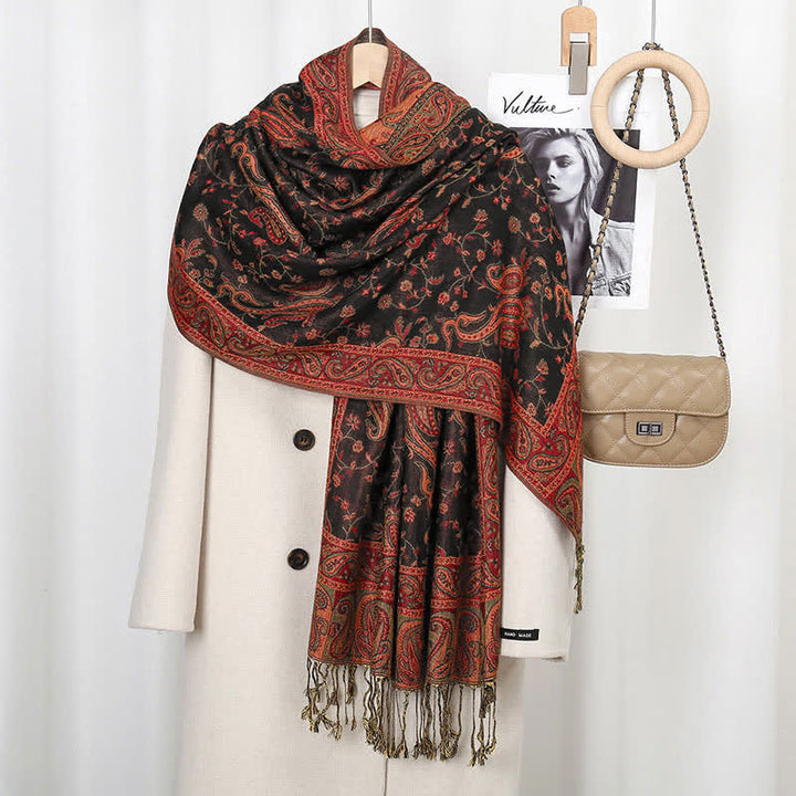 Buddha Stones Tibetan Cashew Flower Vine Print Tassels Shawl Fall Winter Soft Scarf Wrap - Brown Red - image 3