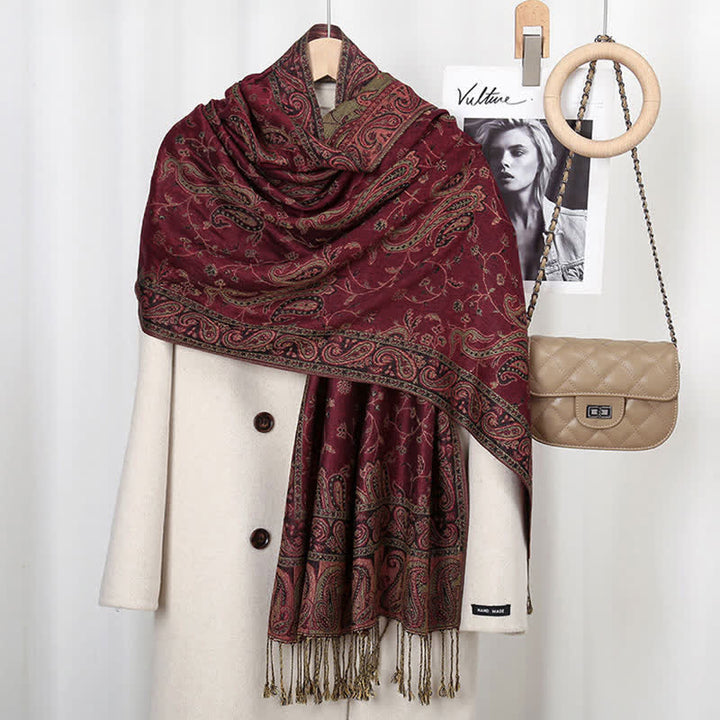 Buddha Stones Tibetan Cashew Flower Vine Print Tassels Shawl Fall Winter Soft Scarf Wrap - Dark Red - image 2