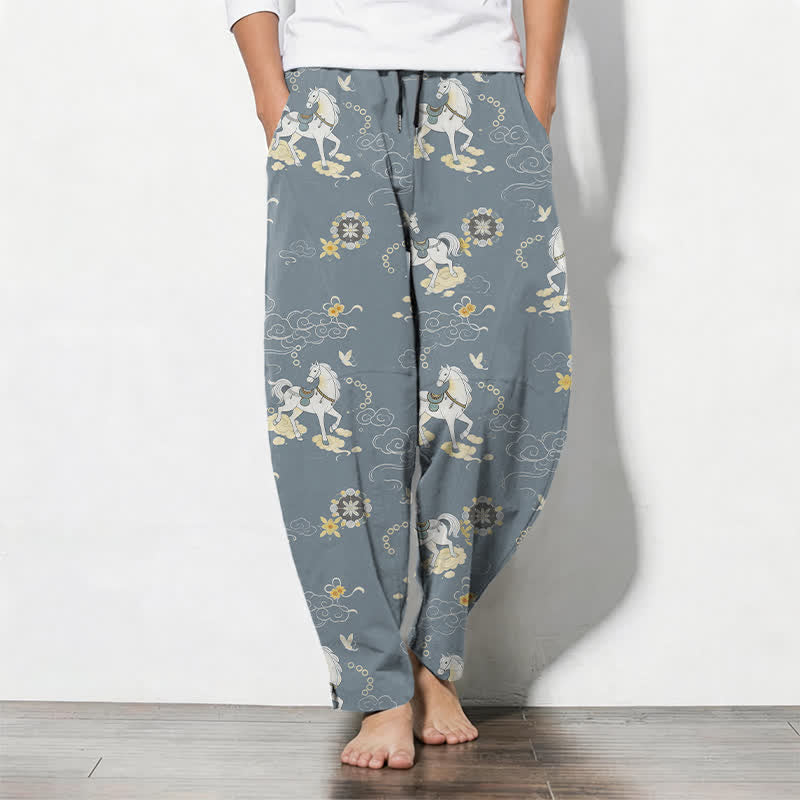 Buddha Stones Pure Cotton White Horse Cloud Blossom Pattern Drawstring Men's Tapered Pants With Pockets - LightSteelBlue - US/UK/AU50，EU60 (5XL) - image 0