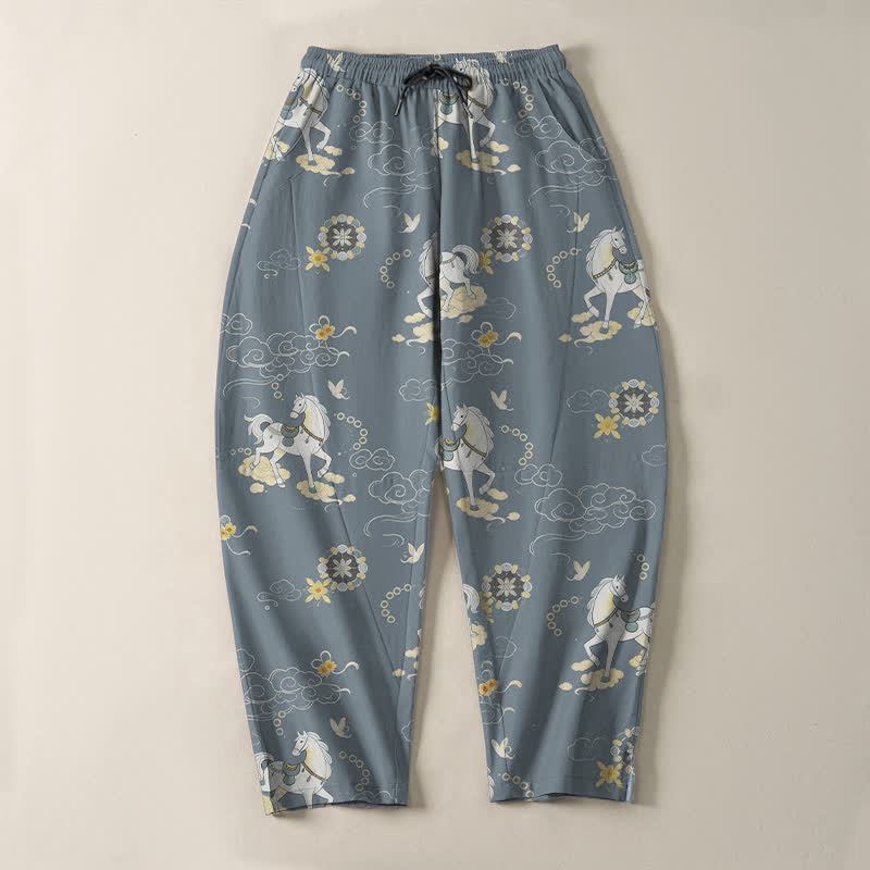 Buddha Stones Pure Cotton White Horse Cloud Blossom Pattern Drawstring Men's Tapered Pants With Pockets - image 2