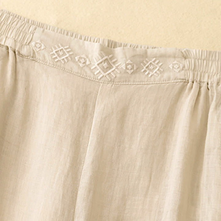 Buddha Stones Geometric Embroidery Elastic Waist Women's Cotton Linen Wide Leg Pants With Pockets - image 14