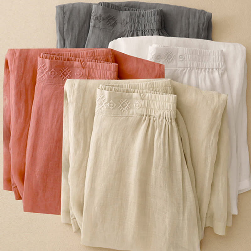Buddha Stones Geometric Embroidery Elastic Waist Women's Cotton Linen Wide Leg Pants With Pockets - image 1