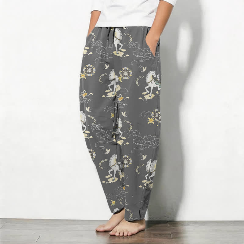 Buddha Stones Pure Cotton White Horse Cloud Blossom Pattern Drawstring Men's Tapered Pants With Pockets - image 8