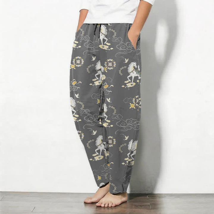 Buddha Stones Pure Cotton White Horse Cloud Blossom Pattern Drawstring Men's Tapered Pants With Pockets - image 8