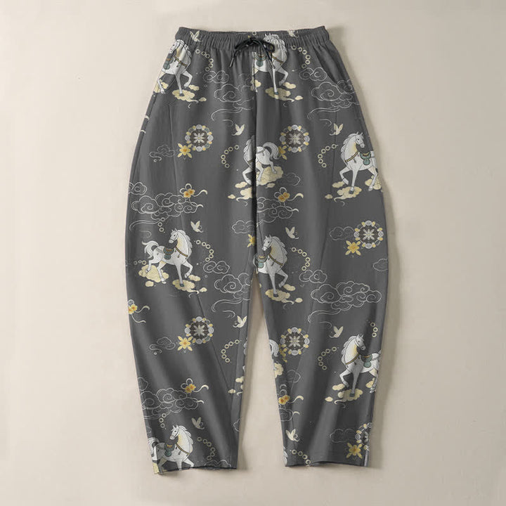 Buddha Stones Pure Cotton White Horse Cloud Blossom Pattern Drawstring Men's Tapered Pants With Pockets - image 9