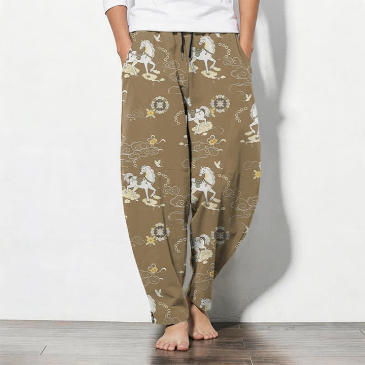 Buddha Stones Pure Cotton White Horse Cloud Blossom Pattern Drawstring Men's Tapered Pants With Pockets - Tan - US/UK/AU50，EU60 (5XL) - image 11